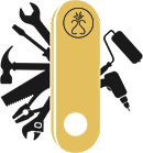 Canivete suiço amarelo e grafite, cujas utilidades são ferramentas domésticas como martelo, cerrote, chaves e alicates.