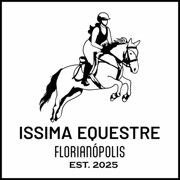 Desenho linear de cavalo saltando com amazona Issima Equestre - Florianópolis - Est 2025